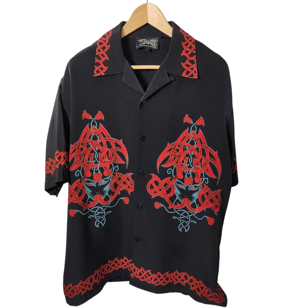 Vintage Y2k Dragonfly  Mens Black Celtic Dragon Graphic Button Up Shirt Size L‎